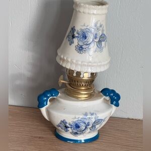 Vintage Floral Ceramic Oil Lamp with Blue Accents